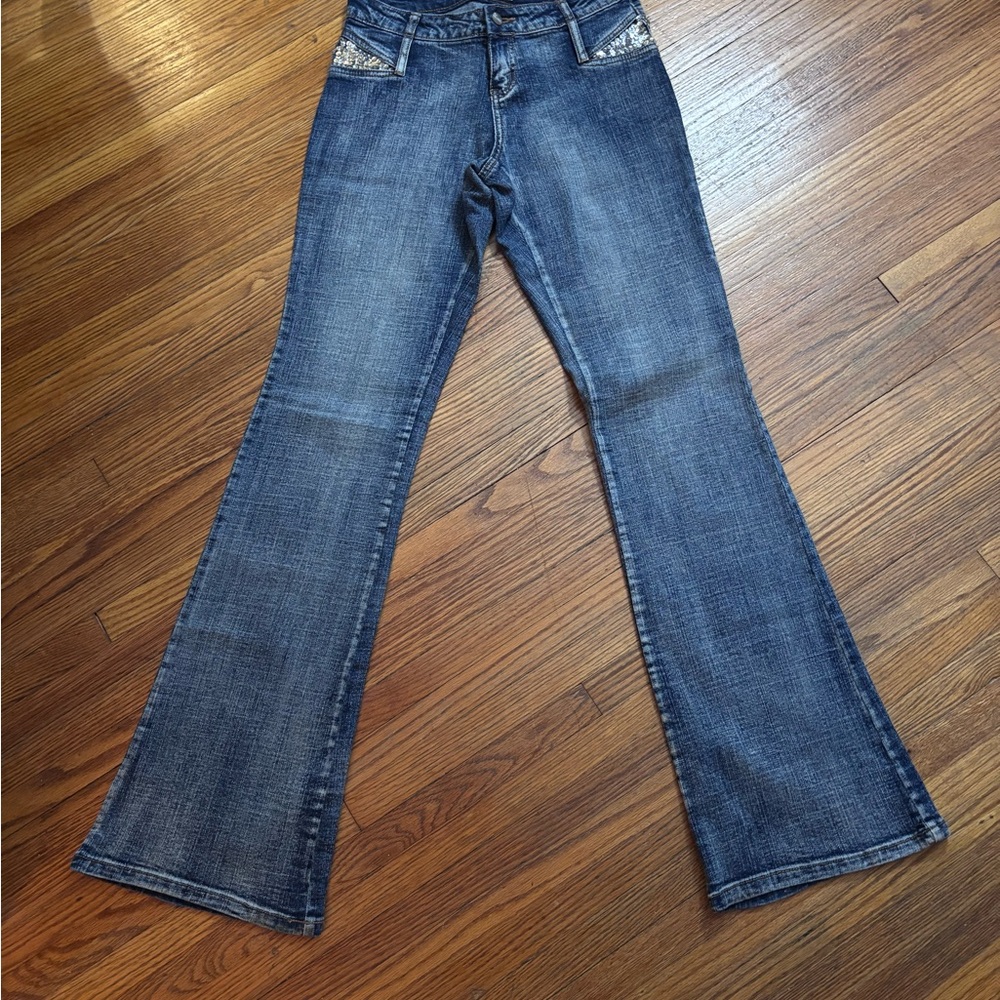 Cache Denim Flare Jeans with Decorative Accents
